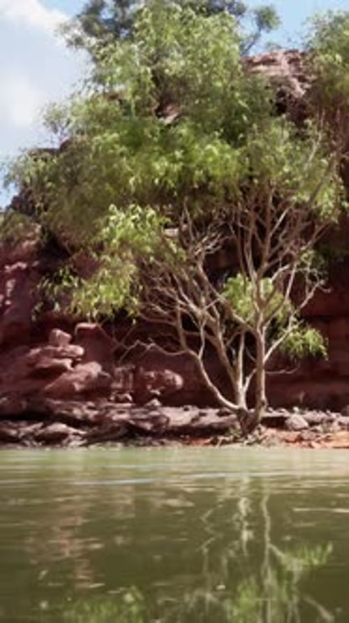 Landscape with Red Sandstone Rock and River