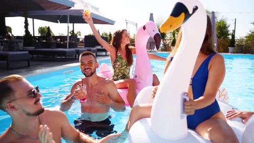 Friends Having Party with Cocktails in Holiday Villa Swimming Pool Happy Young People in Swimwear