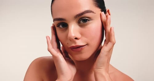 Beauty, face and woman with skincare in studio for cosmetics, natural makeup and glowing skin