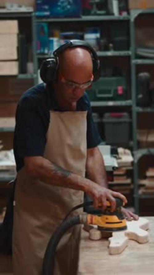 Professional Carpenter Sanding a Guitar Body with an Orbital Sander in His Workshop