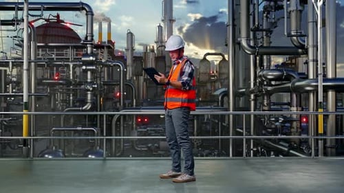 Ganzkörper-Seitenansicht eines asiatischen männlichen Ingenieurs, der in einer Raffinerie an einem Tablet arbeitet