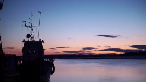Beautiful ship landscape on background of sunset sea horizon