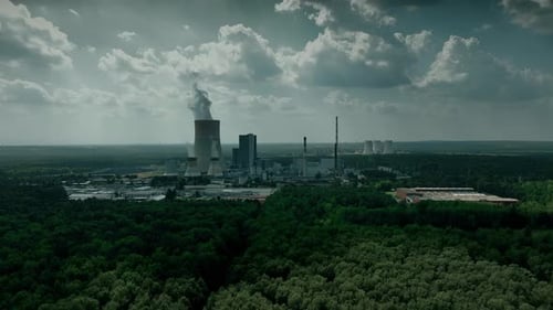 Aerial View Coal Power Plant. Smokestacks on a coal electric power plant.