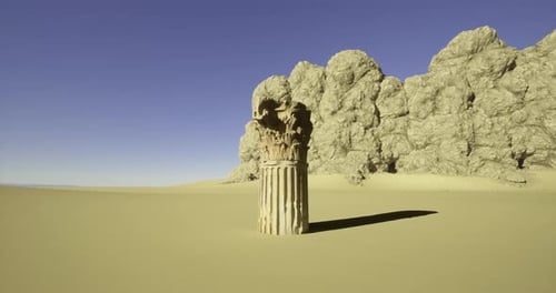 Une colonne reste isolée dans un paysage désertique avec des formations rocheuses en arrière-plan