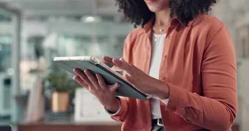 Tablet, research and hands with business woman in office for magazine editor