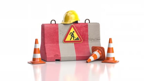 Under construction web site design. Road sign on barrier with traffic cones