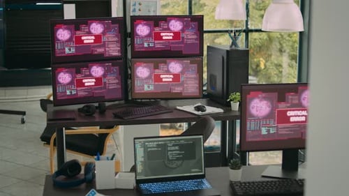 Computer Screens Running Hacking Alert Security Breach in Empty Software It Agency