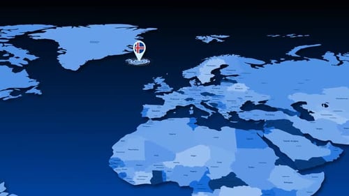 World Map Zoom to Iceland with Flag Location Pin