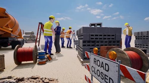 3D Animated Construction Site with Engineers and Workers