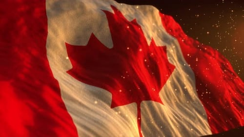 Canadian Flag Waving with Golden Shimmering Particles Background