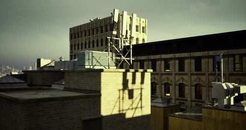 Rooftop View of Urban Architecture Showcasing Telecommunications Equipment