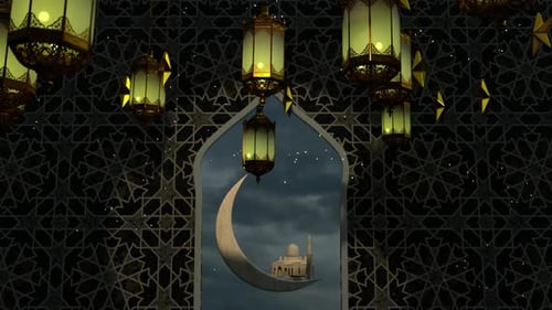 Ramadan Kareem Decorative Lanterns and Mosque Background Loop