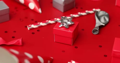 Rotation of Festival Birthday Party Background with Red and Silver Gift Box
