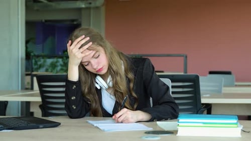 Anxious Girl Feeling Tired While Studying at School College Student Suffering From Headache in