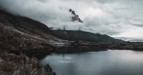 Time lapse of clouds rolling through the mountain wilderness landscape of Patagonia, Chile.
