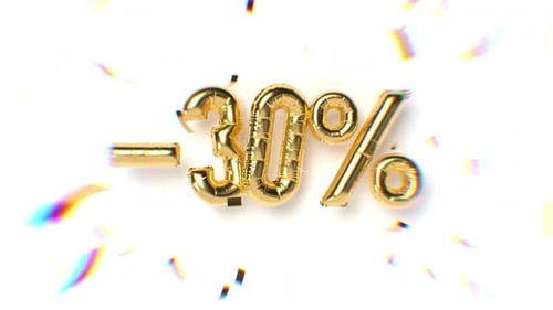 Golden 3D balloon numbers forming -30 percent.