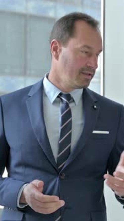 Middle Aged Businessman having Discussion with Assistants in Office, vertical video