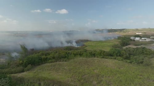 Drone shot of smoke from a forest fire on an island.