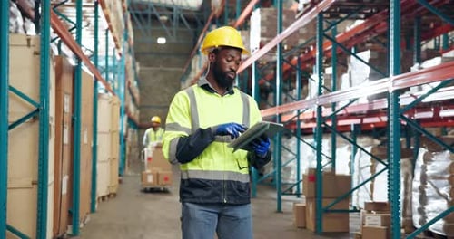 Tablet, man and logistics worker in warehouse for inspection, inventory or online order
