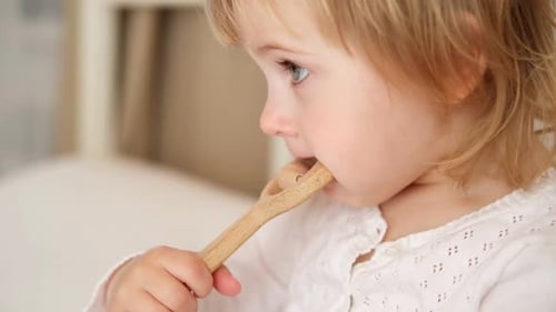 Blonde Child Chewing Wooden Spoon Close Up