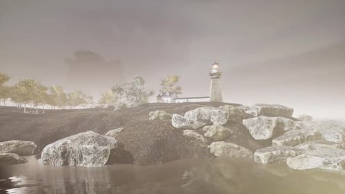 Misty Lighthouse with Rotating Beam on Rocky Coastline Animation