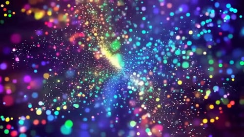 Boucle de fond abstraite de particules multicolores, lueur vibrante