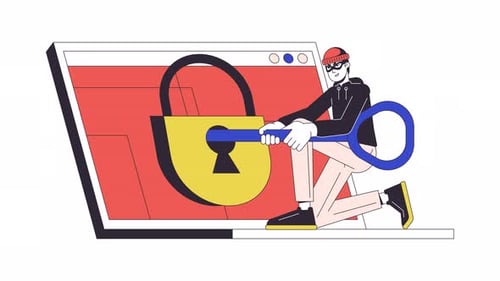 Animated Hacker Unlocks Digital Lock on Laptop Screen