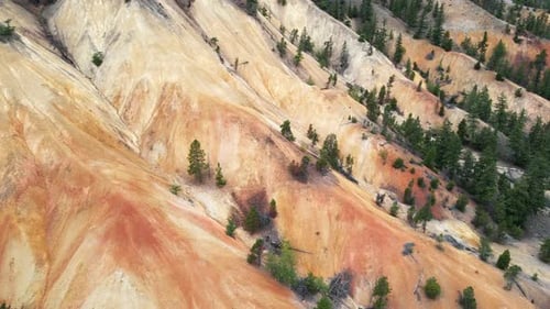 Dolly aerial shot showing the deforestation happening on the eroded hillside