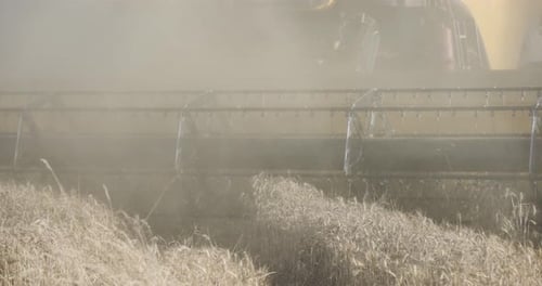 Close up shot of combine harvester machine working on wheat farm field