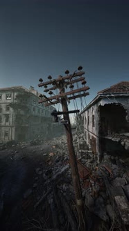 Devastated Building With Telephone Pole