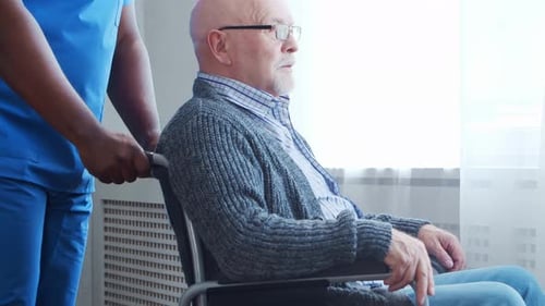 AfricanAmerican Caregiver and Old Man Professional Nurse and Patient in a Nursing Home Assistance