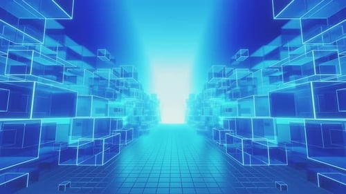 Futuristic blue digital tunnel with glowing translucent cubes and grid floor
