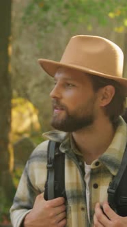 Explorer Seeks Adventure Enthusiastic Sunflowerhatted Wanderer Scans Towering Treetops with Hopeful