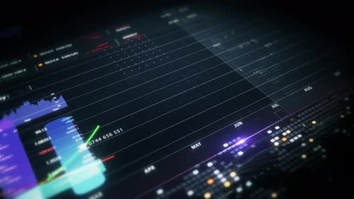 Futuristic Financial Data Display with Animated Graphs and Statistics