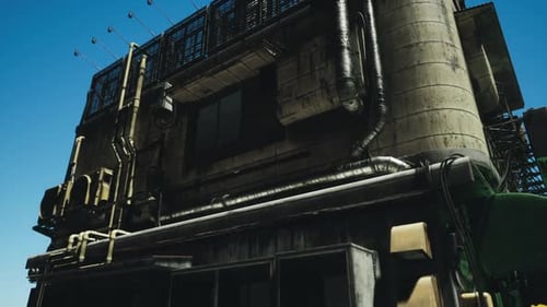 Industrial Building with Intricate Piping Against a Clear Blue Sky