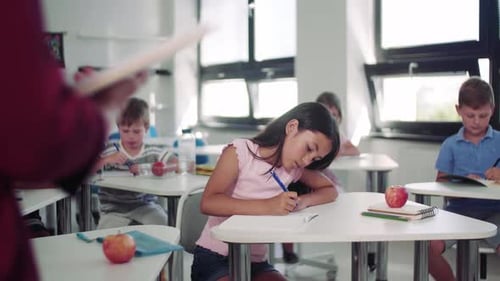 Teacher explaining lesson to small school children in bright classroom