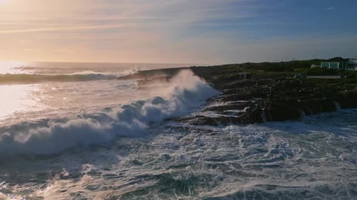 Foamy Sea Rolling Volcanic Coast Super . Aerial View Stormy Waves