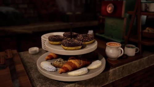 Delicious Pastries and Coffee Displayed on a Tiered Stand in a Cozy Cafe