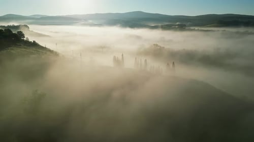 Sunrise Fog Over Rural Valley From Above