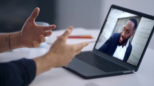 Business Men Distance Meeting By Office Laptop Closeup Manager Enjoy Video Call