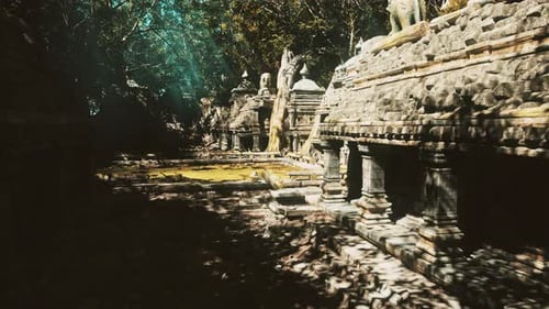 Des explorateurs silencieux naviguent sous le ciel céleste dans les ruines du temple sacré