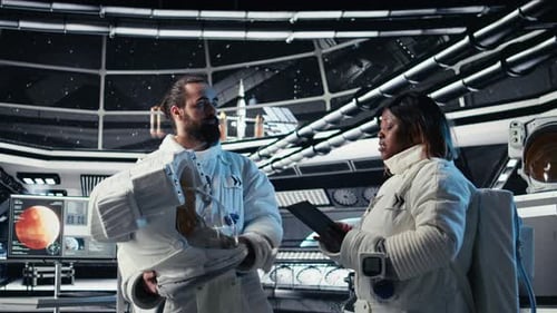 Cosmonaut Doing Fist Bump with Colleague Leaving Starship to Descend on Planet