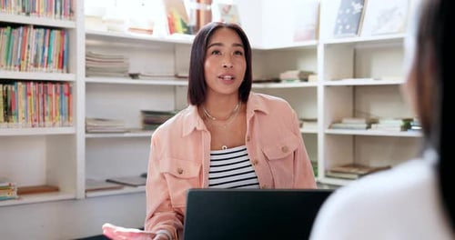 Laptop, students or woman in library for education, knowledge or study group for college project