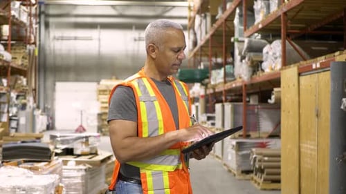Confident african american warehouse manager inspecting inventory with tablet