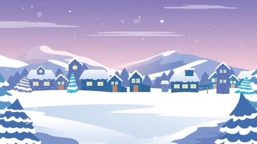 Animated Flat Design Winter Village with Falling Snow