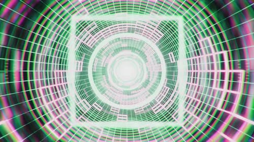 Science-Fiction-Neontunnel. Fliegend durch einen abstrakten futuristischen Tunnel, nahtlos