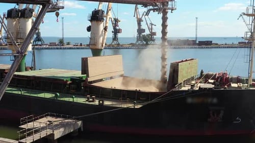 Aerial of Wheat Loading to Bulker Ship Cargo Hold at Sea Grain Elevator in Sea Port Wheat Shipment