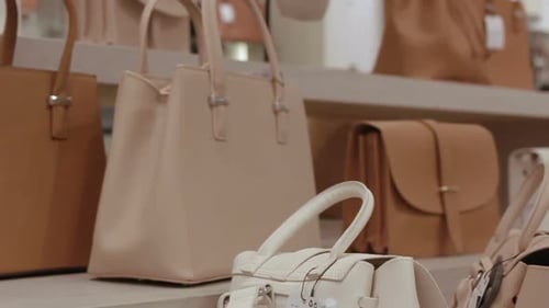 Motion to White Shelves with Beige Handbags at Fashion Store