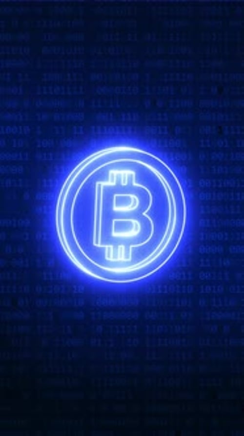 Blue neon bitcoin cryptocurrency symbol moving on binary code background