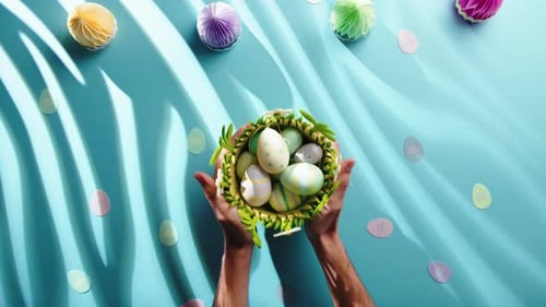 Basket with Easter Eggs on Decorative Surface